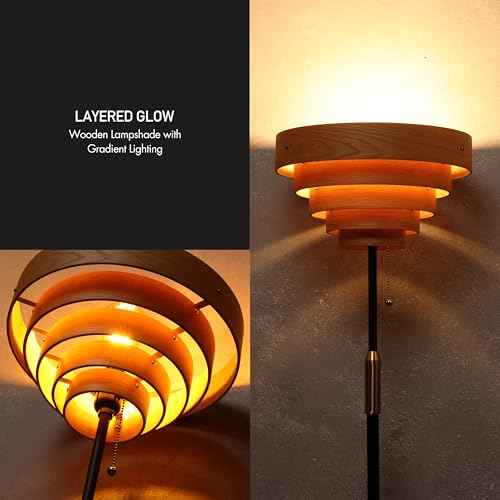 O'Bright Cascade Floor Lamp ? Modern Wooden Layered Lampshade, E26 Socket, Pull Chain Switch, Metal Base, Standing Lamp for Living Room, Bedroom, Office, Black