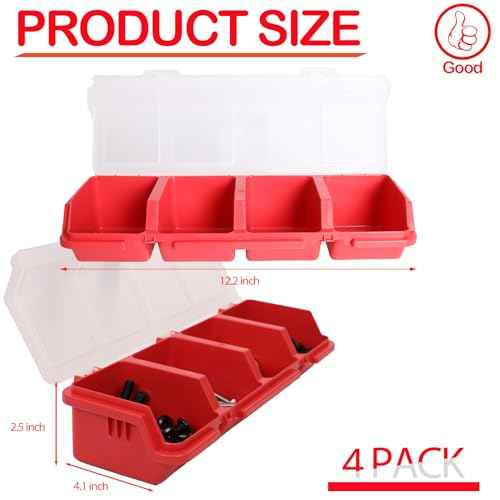 4 Pcs Screw Organizers, Stackable Bins with Lids Plastic Hardware Organizer Box with Compartment Bolt Organizer Plastic Divided Storage Containers for Garage Tools Nails Small Parts (RED)