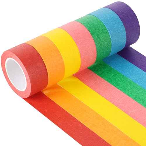Colorful masking tape for arts and crafts, handmade labels, painters tape, painters tape, kids art supplies. Each roll is 1 In x 14.2 Yards (2.5cm x 13m), 7 rolls of different color tapes in a box.