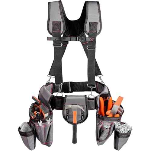 Tool Belt With Suspenders, 22 Pockets Tool Bag Multi-Functional Adjustable Waist Tool Belt, Heavy Duty Tool Organizer Suitable for Framers, Carpenter, Electrician,Construction (light gray, middle)