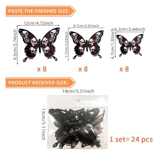 Halloween Wall Stickers 24 Pcs 3D Butterfly Wall Decals Gothic Black Red Butterfly Wall Decor Halloween Party Supplies for Bedroom Room Door Window Fireplace Decoration, Skull Style