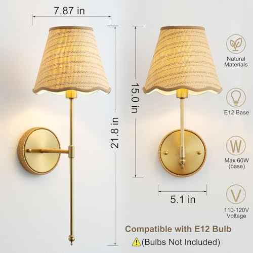 Natural Rattan Wall Sconces Set of 2, Boho Hand-Woven Wall Mounted Light Fixture Decor with Rattan Lampshade Wireless Sconces for Home Bedroom Living Room Hallway Kitchen Stairs(Gold)