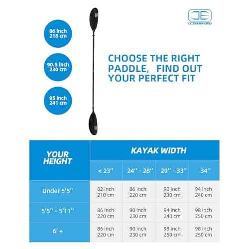 OCEANBROAD Kayak Paddle 86in/218cm, 90.5in/230cm, 95in/241cm Alloy Shaft Kayaking Boating Canoeing Oar with Paddle Leash