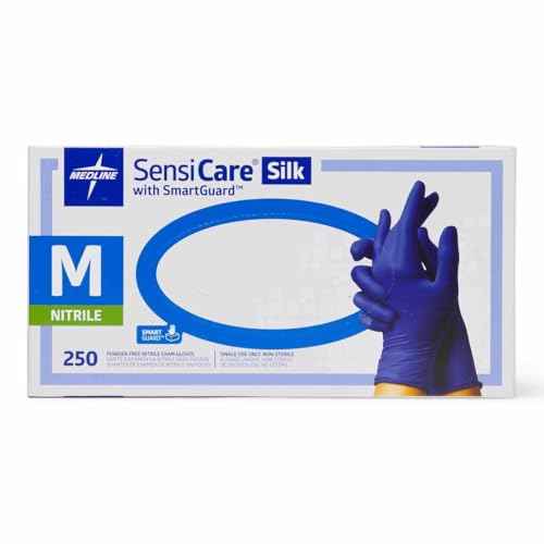 Medline SensiCare Silk Nitrile Exam Gloves, Disposable Gloves with Smartguard Film, Medium, Blue (Pack of 250)