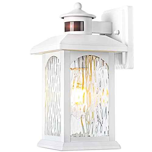 Motion Sensor Outdoor Wall Sconce, White Dusk to Dawn Motion Sensor Lighting, Smart & Waterproof Wall Lights & Exterior Light Fixture, Porch Lights with Rippled Glass for Garage House