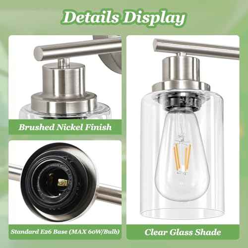 4-Light Nickel Bathroom Light Fixtures, E26 Modern Vanity Lights for Bathroom with Clear Glass Shade, Wall Lamps for Mirror Hallway Kitchen Cabinet Living Room Sconces Lights