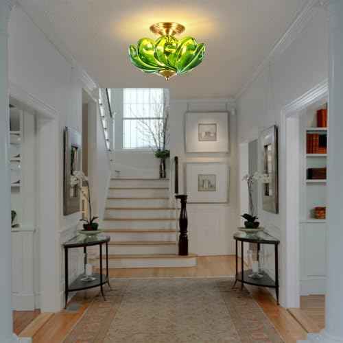 HuixuTe Modern Semi Flush Mount Ceiling Light, 3-Light Gold Close to Ceiling Light Fixture with Green Glass Shade for Living Room Entryway Bedroom