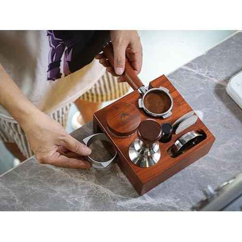 54mm Espresso Tamping Station Rosewood ? Premium Organizer for Breville Espresso Machine Accessories Holder for Tamper, Funnel, WDT, Puck Screens, RDT | Barista Station Box