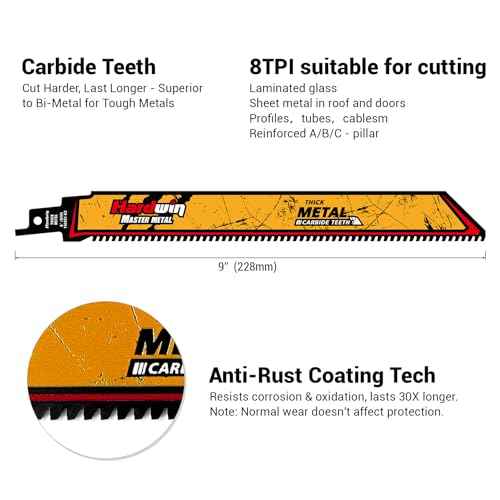 Carbide Reciprocating Saw Blades, 9-Inch 8 TPI ? High-Speed Cutting for Hard Metals, Cast Iron, Alloy Steel. Durable Carbide Teeth, Efficient Cutting. Universal 1/2-Inch Shank, 3-Pack.