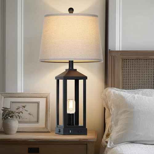 28" Tall Vintage Table Lamp Set of 2 with USB C+A & Outlet,Black Industrial End Table Lamp for Living Room,Farmhouse Rustic Bedside Lamps Set of 2 with Night Light ,Vintage Bedroom Lamp for Nightstand