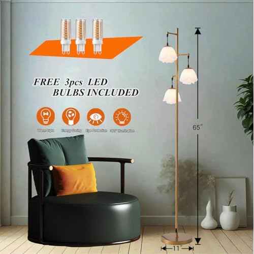 Fiqevs Flower Floor Lamp for Living Room, Mid Century Gold Floor Lamp with 3 Floral Shades and Bulbs Included, Elegant Standing Tree Lamp for Kids Room, Bedroom Office - Antique Brass