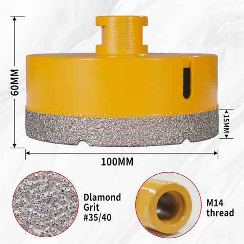 Diamond Core Drill Bits 4 Inch (100mm) Tile Hole Saws Vacuum Brazed Diamond Hole Saw for Tiles Porcelain Ceramic Glass Marble Brick Granite Quartz, Dry or Wet Use, M14 Thread