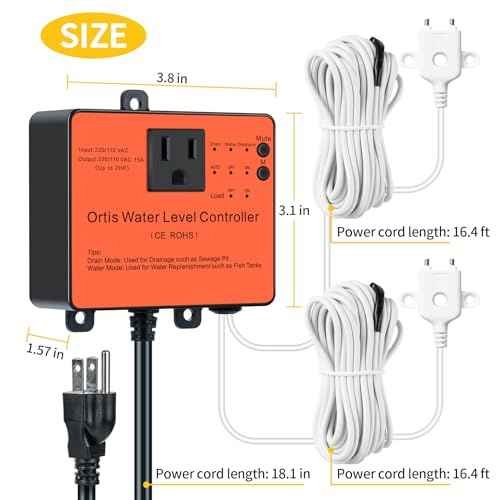Hi-Lo Sump Pump Switch, Ortis Electronic Adjustable Float Switch Controller with Dual Sensors, LED Indicators, Corrosion-Resistant, 110/220V for Water Tanks Sewage Pits, Orange