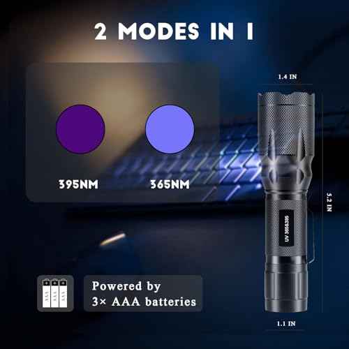 365nm/395nm Blacklight Flashlight, Dual-Mode for UV Glue Curing, Uranium Glass, AC Leak UV Dye Tracking, Portable Multi-Function - Batteries Not Included