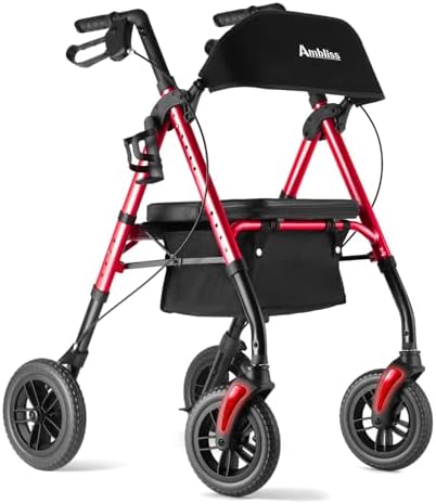 Amblisss Walkers for Seniors with Seat, Foldable Rollator Walkers, 300 lbs Weight Capacity, 8" Wheels Dual Height Ajustable, Rolling Walker with Seat for All-Terrain, Red