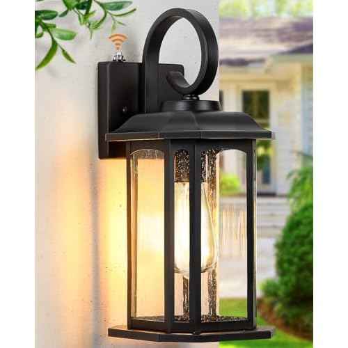 16.8'' Large Dusk to Dawn Outdoor Wall Lights, Black Exterior Lighting Fixtures Wall Sconce with Seeded Glass, Waterproof Front Porch Light Outside Wall Lantern for House Patio Garage, 1Pack