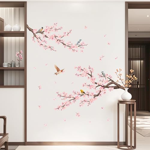Pink Cherry Blossom Branch Wall Decals, Flowers Birds Wall Stickers Vinyl Peel and Stick Wall Decal Self Adhesive Wall Art Sticker for Aisle Bedroom Offices Sofa TV Backdrop Wall Home Decor