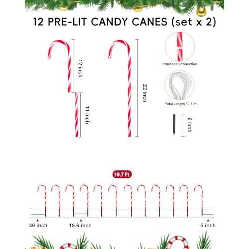 COOLWUFAN 24 Pack Christmas Candy Cane Pathway Lights, 22'' Outdoor Christmas Decorations Path Lights, Waterproof Candy Cane Yard Markers for Walkway, Lawn, Patio, Holiday Landscape Path D?cor