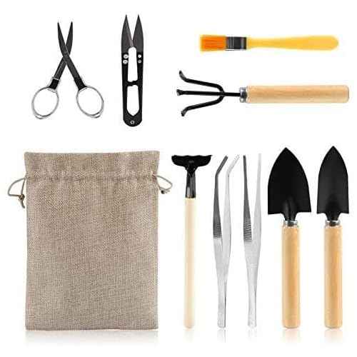 9 Piece Basic Bonsai Tools Set, Includes Pruning Shears, Mini Rake, Fold Scissors and More