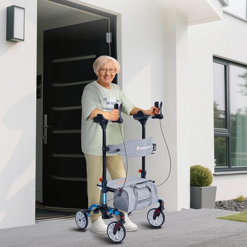 Lightweight Upright Rollator Walker All-Terrain Ultra Compact One-Click Folding with seat and Adjustable Height backrest, 300 lbs Capacity, 8" Wheels for Seniors, Adults, Includes Cane Holders