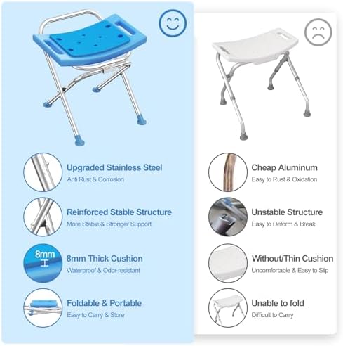 Upgraded Folding Shower Chair, Stainless Steel Foldable Shower Seat for Inside Bathtub, Lightweight & Portable Travel Shower Stool, Anti-Slip Feet Bath Chair for Elderly, Disabled, Injured