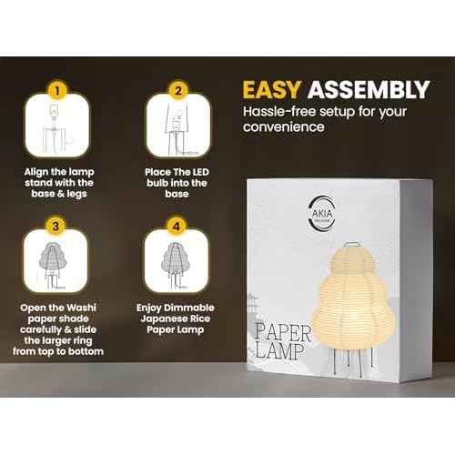 Noguchi Akari Rice Paper Lantern Lamp - Dimmable Japanese Table Lamp with Washi Paper Shade, Bulb Included - Japandi Bedside, Desk Light
