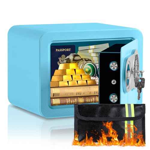 0.23 Cubic Feet Safe Box, Small Safe W/Fireproof Bag, Keys & Pass Code, Digital Electronic Security Money Box for Cash, Document, Home, Office, Hotel Use, Blue, 6.69"D x 9.06"W x 6.69"H