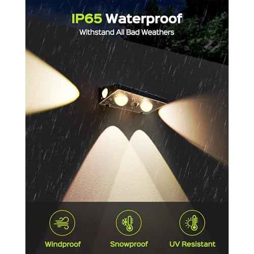 JACKYLED Solar Fence Lights 12 Pack, Outdoor Waterproof LED Light Solar Powered 10 Modes RGB Color Changing/Warm White, 3-Way Lensed Lighting for Deck Railing Backyard Wall