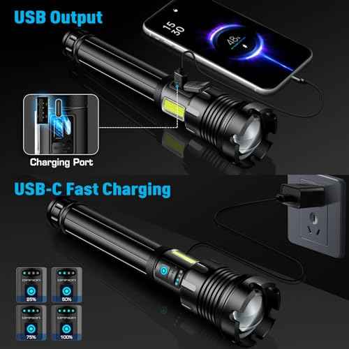ANKRA 90000 High Lumens Flashlights Rechargeable with COB Work Light Super Bright LED Flashlight Zoomable&14 Modes &Waterproof Tactical Flashlight for Emergencies,Camping,Hiking,Outdoor,Indoor