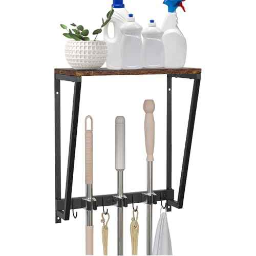 Wall-mounted broom and mop storage rack, equipped with mop, broom hanger and grab hooks for cleaning supplies, suitable for kitchens, laundry rooms, garages, utility rooms, closets, etc.