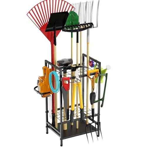 Garden Tool Organizer Rack for Garage, Yard Tool Tower Rack Organizer, Tools Stand Storage with Hooks Black Metal Garden Tools Holder for Yard Shed Garage Organization