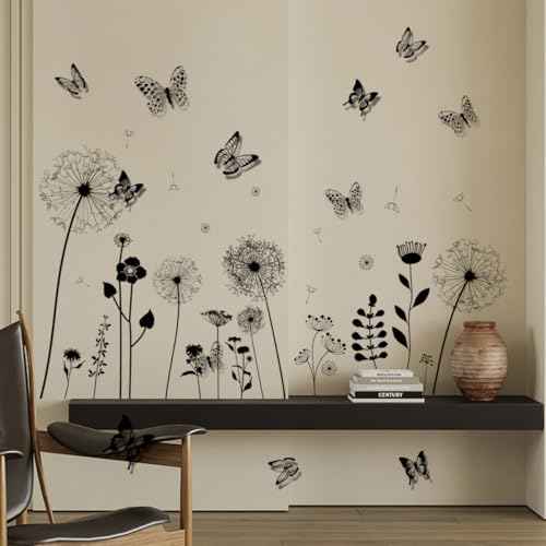 Joyartu Black Dandelion Wall Decals with 3D Black Butterflies ? Wall Stickers Peel and Stick Floral Butterflies Flying Decor for Bedroom Living Room Office Sofa Wall Decorz(2 Sheets)