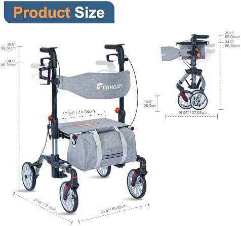 Lightweight Rollator Walker All-Terrain Ultra Compact One-Click Folding with seat and Adjustable Height backrest, 300 lbs Capacity, 8" Wheels for Seniors, Adults, bariatric, Includes Cane Holders