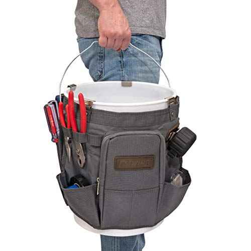 Estwing 28-Compartment 5-gallon Bucket Tool Organizer/Tool Bag, Durable Polyester, Heavy-Duty Steel Hangers, Zippered Pocket, 16 Open-top Pockets, 11 Tool Loops, Buckle Security Strap