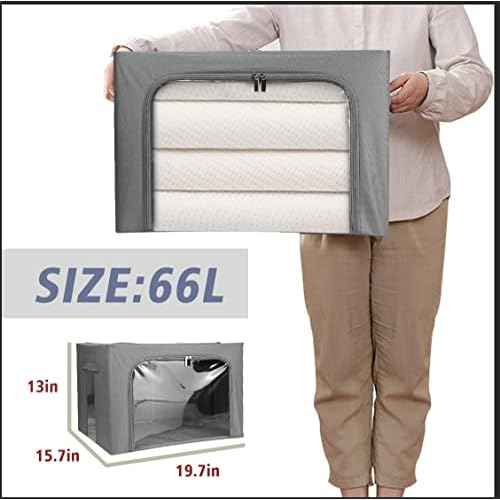 Stackable Clothes Storage Box for Clothing Gadgets,Steel Frame Storage Bins for Toys Gift,Foldable Oxford Fabric Closet Organizer Bag Set with Carry Handles Clear Window (Large- 66L x3 Pack, Grey)