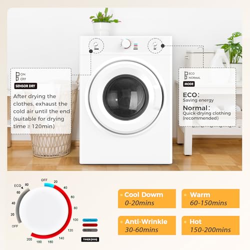 Feelfunn 3.5 Cu.Ft Compact Dryer - 1500W Portable Clothes Dryer with Stainless Steel Tub, Front Load Tumble, Four Functions - Compact Drying Unit for Apartments, Dorms, Laundry