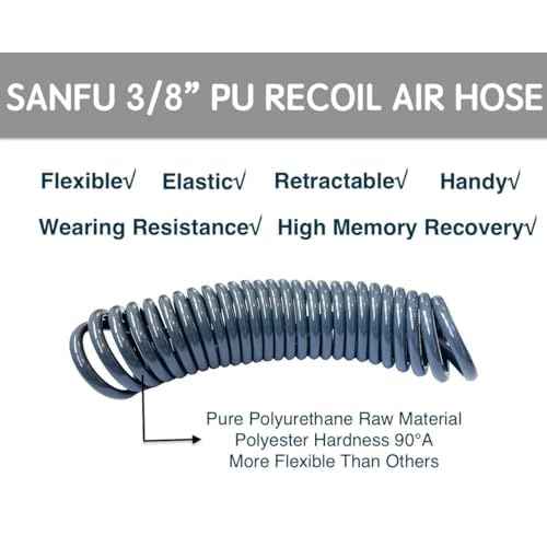 SANFU (PU) Polyurethane Recoil Air Hose 3/8¡±ID(9.1x 12.2mm) x 25ft, Flexible, Professional 145PSI with Reassembled Brass Quick Coupler and Plug, Grey(25')