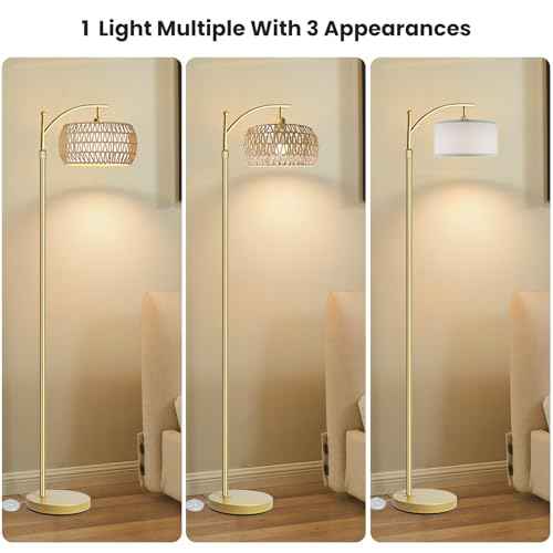 Arc Floor Lamp for Living Room,Farmhouse Floor Lamps with Remote Control & Dimmable Bulb,Gold Boho Rattan Tall Standing Lamp for Bedroom Office