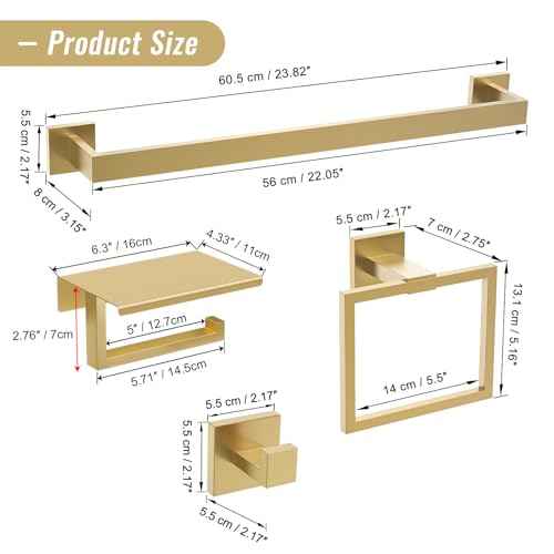 YACVCL Brushed Gold Bathroom Hardware Accessorie Set 23.6 Inch Towel Bar Set 5-Pieces Towel Rack&Holder Set for Bathroom,Upgraded Toilet Paper Holder with Shelf,Stainless Steel Wall-Mounted
