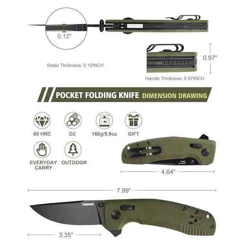 Pocket Folding Knife(EDC)- 3.35" D2 Steel PVD Nitro-V Steel Blade, G10 Handle- Lightweight Folding knives with Clip for Camping, Hiking, Hunting Survival Multi-Tool (Olive Green)