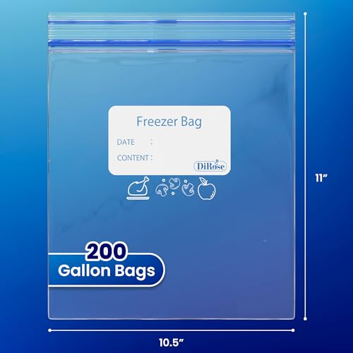 DiRose Reclosable Freezer Bags - 1 Gallon Size (200 Pack) | Double Zipper, Airtight Seal, BPA-Free, Premium Thick Heavy-Duty Bags for Safe and Secure Food Storage
