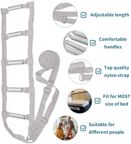 ZUEXT Bed Ladder Assist 160 inch Grey Pull Up Assist Device w/ 5 Handles Grips, Adjustable Rope Ladder Straps, Sit Up Handle Helper for Elderly Seniors Adults Pregnant Injury Handicapped Patients