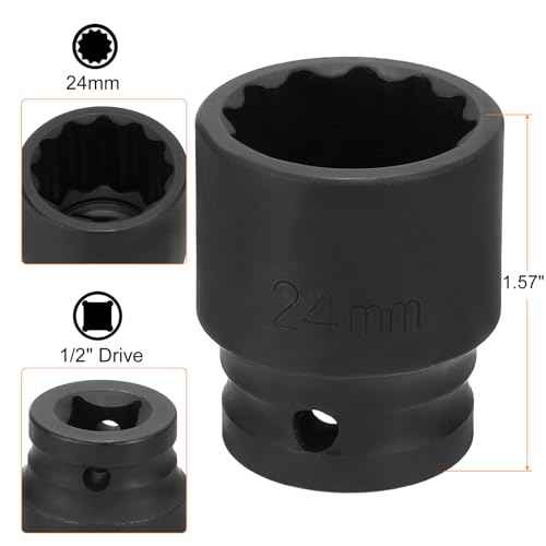 HARFINGTON 12-Point Impact Socket 1/2 Inch Drive 24mm Metric Cr-V Shallow Impact Socket Nut Driver Wrench for Auto Repair