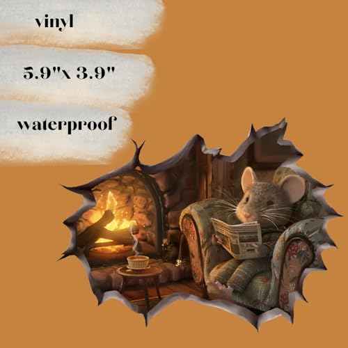 Cozy Mouse Wall Decal, 3D Fireplace Scene Decorative Sticker, Vinyl Home Decor