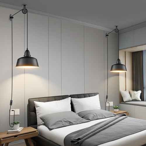 Plug in Pendant Light, Farmhouse Hanging Lights with Plug in Cord, Pulley Hanging Lamp, Black Industrial Pendant Lights Fixture for Kitchen Island, Bedroom, Dining Room, Living Room, Office