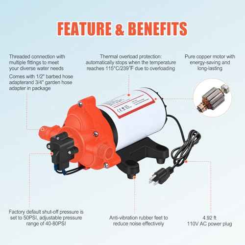 110V Water Pressure Pump 4.0GPM 50PSI AC Power On Demand Electric Self-Priming Water Transfer Diaphragm Pump Include 3/4" Garden Hose Adapters for Home Kitchen Bathroom Irrigation Camper Industrial