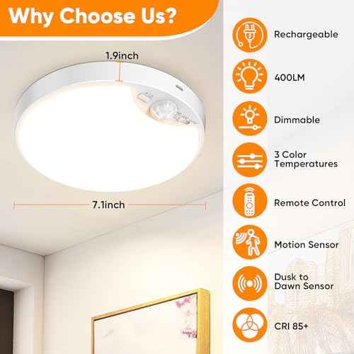 2 Pack 10000mAh Rechargeable Motion Sensor Ceiling Light with Remote, Battery Operated Closet Light No Wiring, Magnetic Wireless LED Ceiling Lights, 3 Color Overhead Lamp for Shower Pantry Hallway