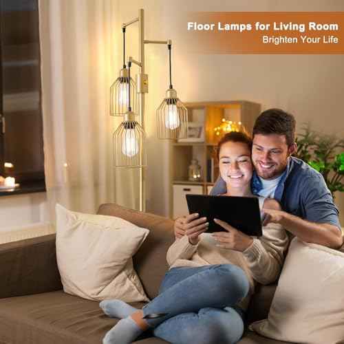 Dimmable Floor Lamp for Living Room, Farmhouse Floor Lamps with Elegant Hanging Cage, 3 x LED Edison Bulbs Included, 68.5" Industrial Standing Light for Bedroom Office Home Decor (Gold)