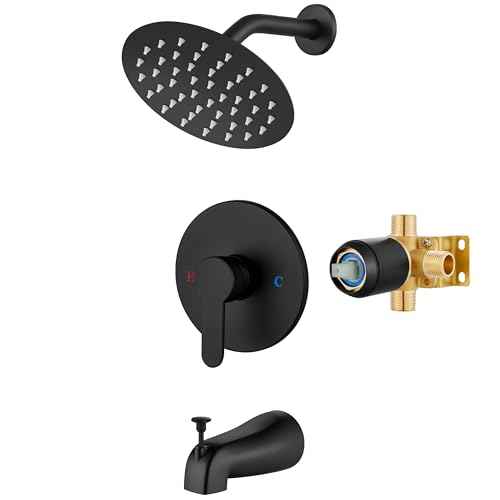Airuida Shower Faucet Set with Tub Spout Bathtub Faucet Kit Shower Tub Faucet Set Complete Tub Shower Trim Kit with Solid Brass Rough-in Valve Rainfall Round Shower Head, 6 Inch, Matte Black