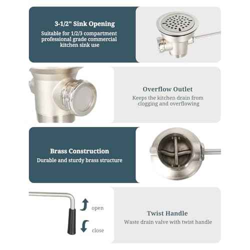 3-1/2 Inch Commercial Sink Drain with Twist Handle Kitchen Sink Opening Waste Drain Valve Stopper Prevents Sink Clogged Overflow for 1/2/3 Compartment Sink Style Drains